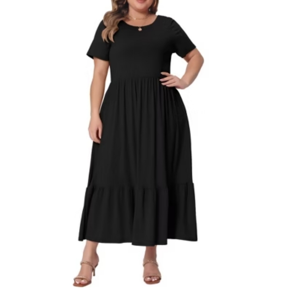 Women's Summer Casual Short Sleeve Crewneck Dress Casual Flowy Tiered Maxi Beach